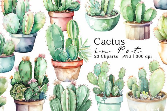 Download Cactus in Pot Watercolor PNG Cliparts - Cactus Collection